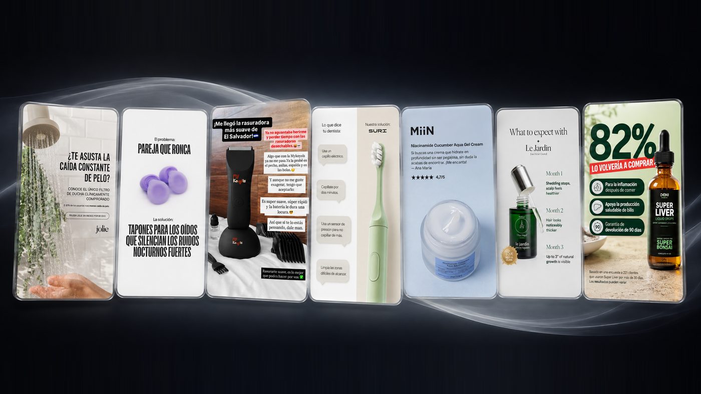 Selección de anuncios estáticos de moda, skincare, gadgets y suplementos